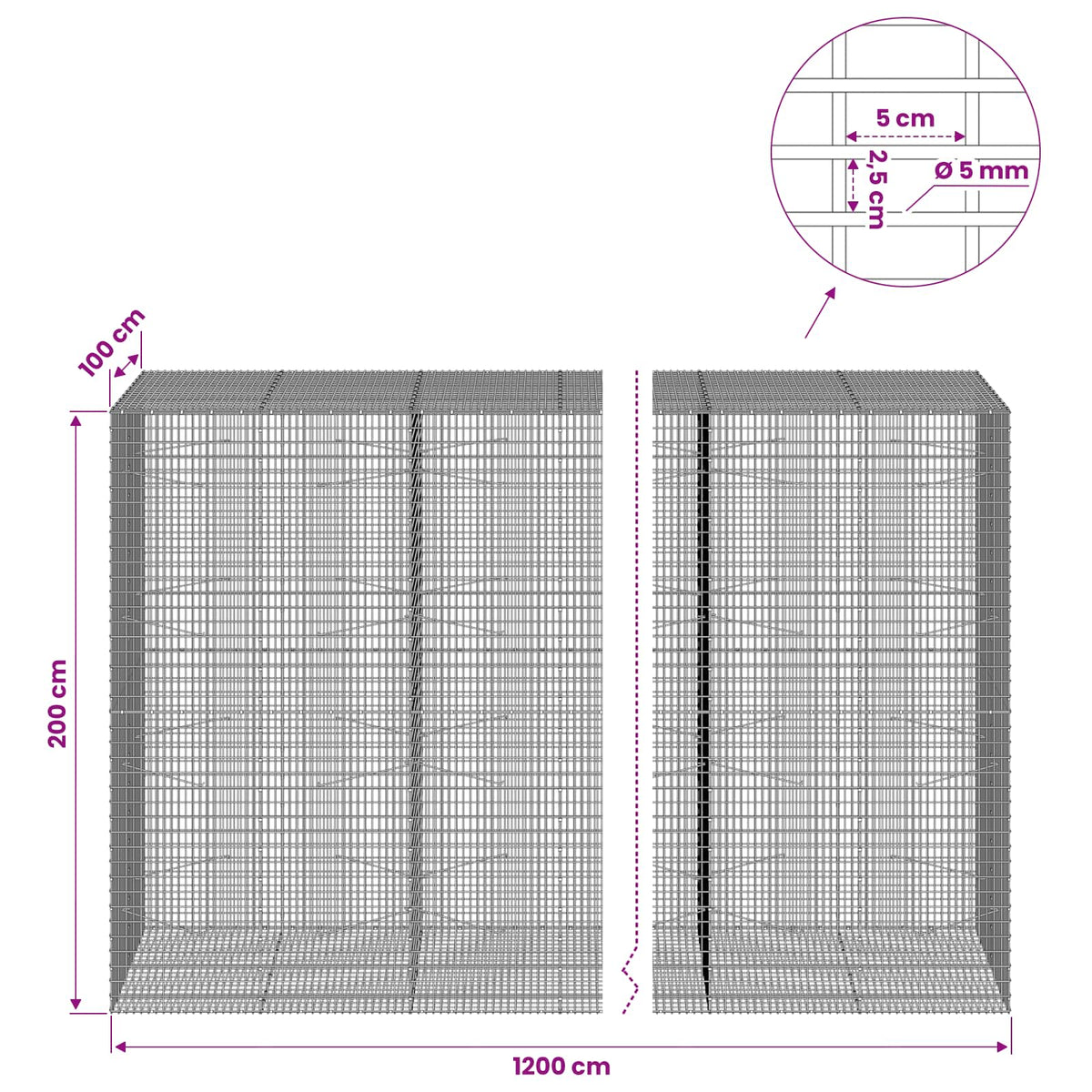 vidaXL Gabion with 5 mm Wire and 5x2.5 cm Mesh 1200x100x200 cm 6