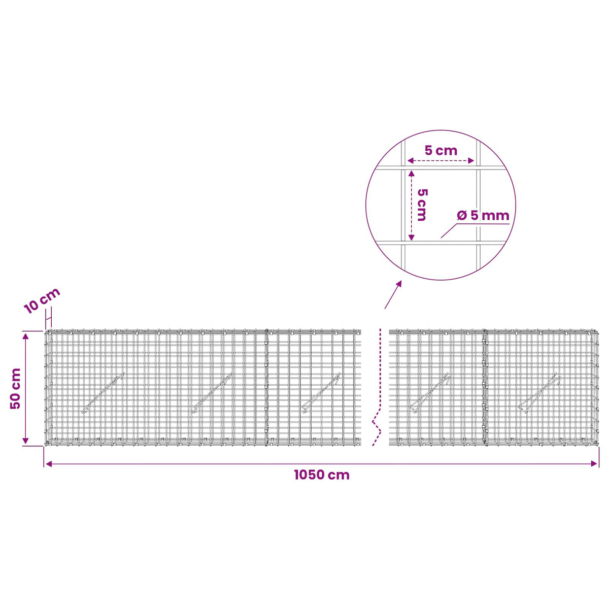 vidaXL Gabion with 5 mm Wire and 5x5 cm Mesh 1050x10x50 cm 6