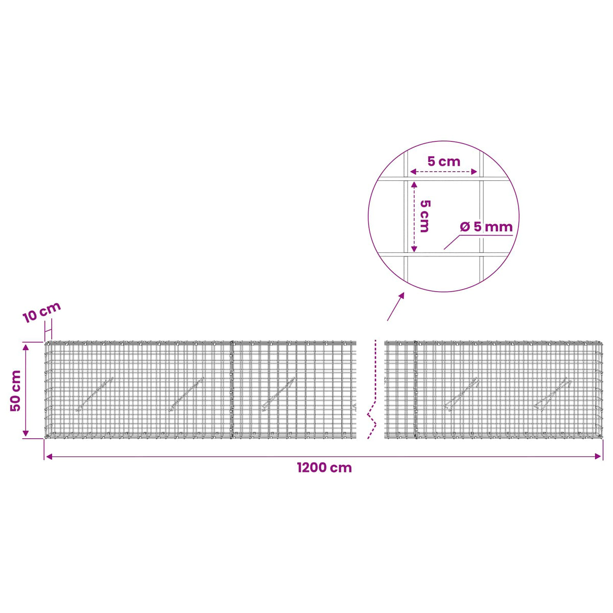 vidaXL Gabion with 5 mm Wire and 5x5 cm Mesh 1200x10x50 cm 6