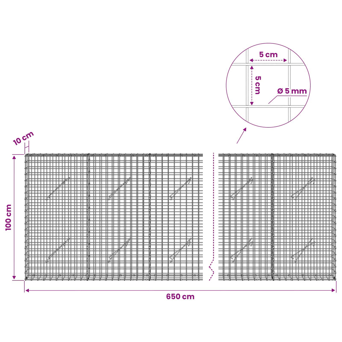 vidaXL Gabion with 5 mm Wire and 5x5 cm Mesh 650x10x100 cm 6