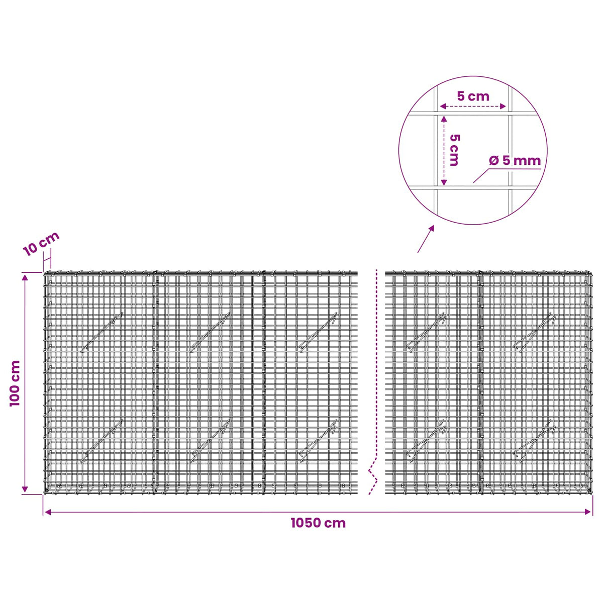 vidaXL Gabion with 5 mm Wire and 5x5 cm Mesh 1050x10x100 cm 6