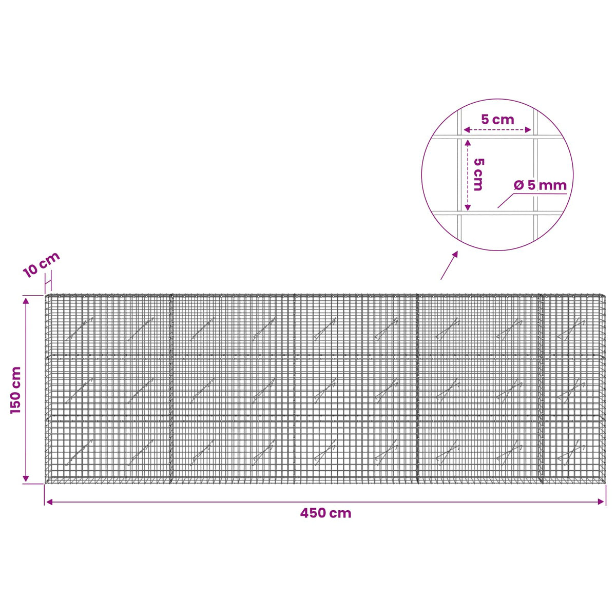 vidaXL Gabion with 5 mm Wire and 5x5 cm Mesh 450x10x150 cm 6