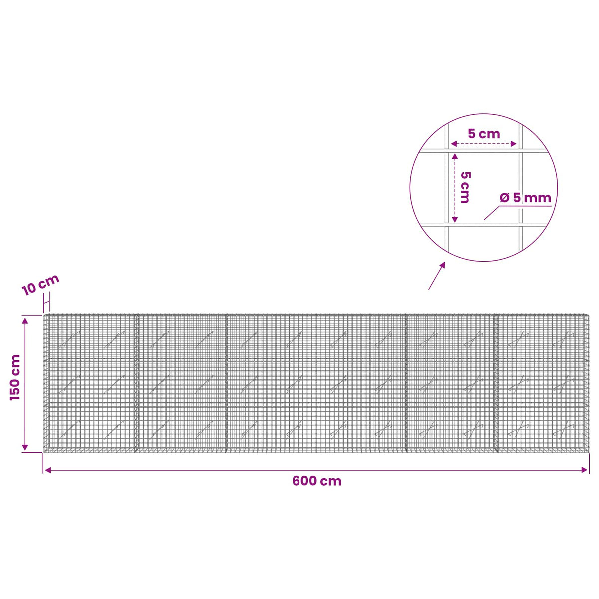 vidaXL Gabion with 5 mm Wire and 5x5 cm Mesh 600x10x150 cm 6