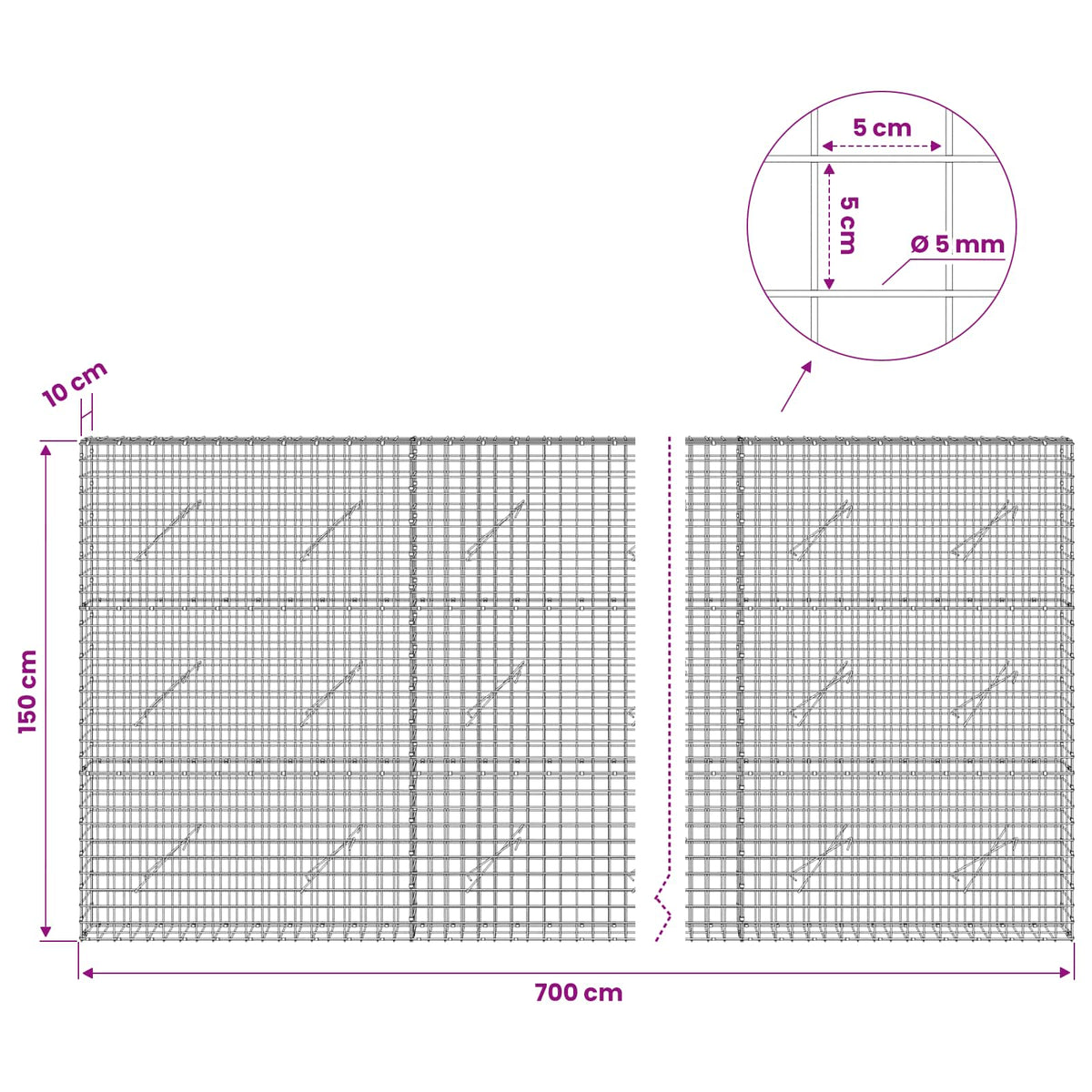vidaXL Gabion with 5 mm Wire and 5x5 cm Mesh 700x10x150 cm 6