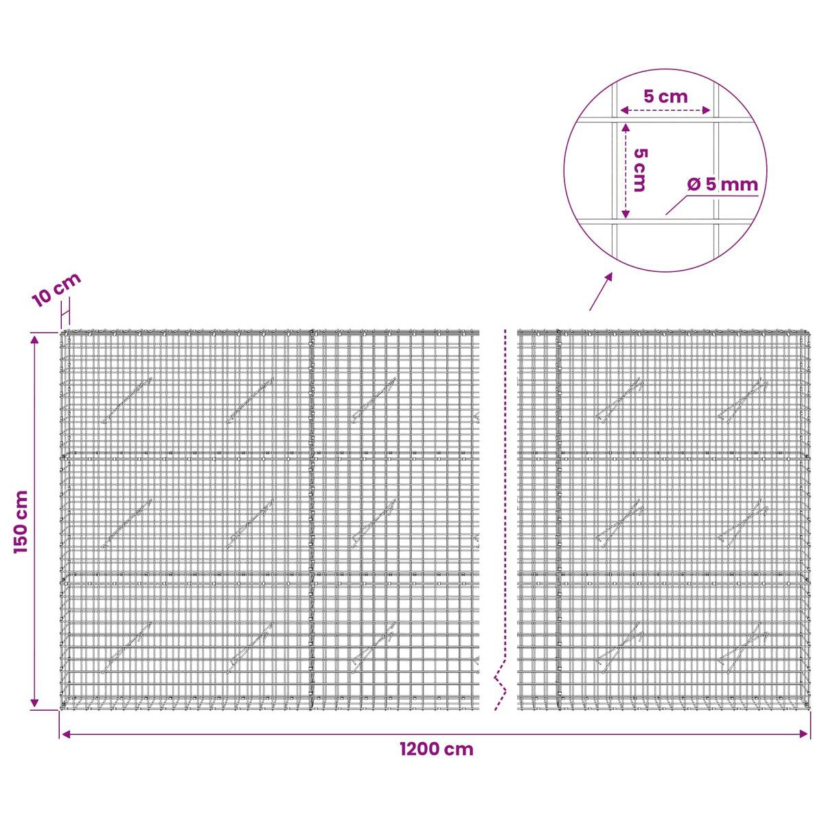 vidaXL Gabion with 5 mm Wire and 5x5 cm Mesh 1200x10x150 cm 6