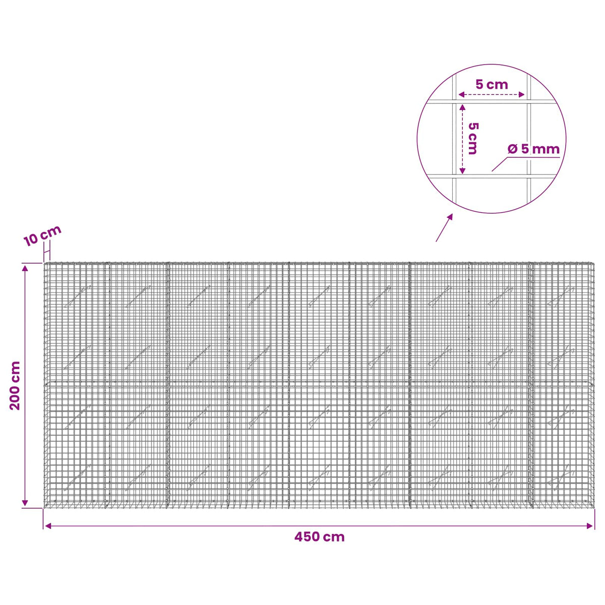 vidaXL Gabion with 5 mm Wire and 5x5 cm Mesh 450x10x200 cm 6