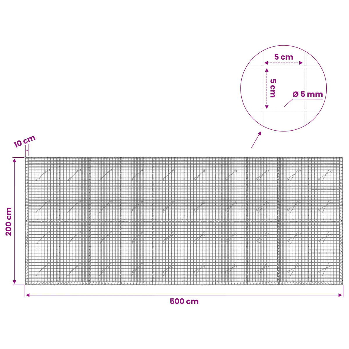 vidaXL Gabion with 5 mm Wire and 5x5 cm Mesh 500x10x200 cm 6