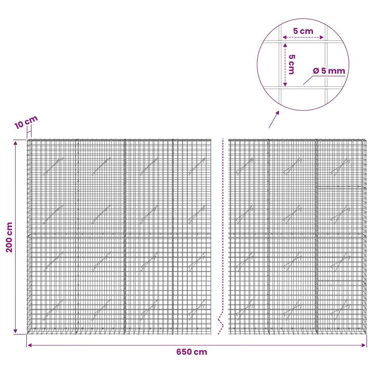 vidaXL Gabion with 5 mm Wire and 5x5 cm Mesh 650x10x200 cm 6