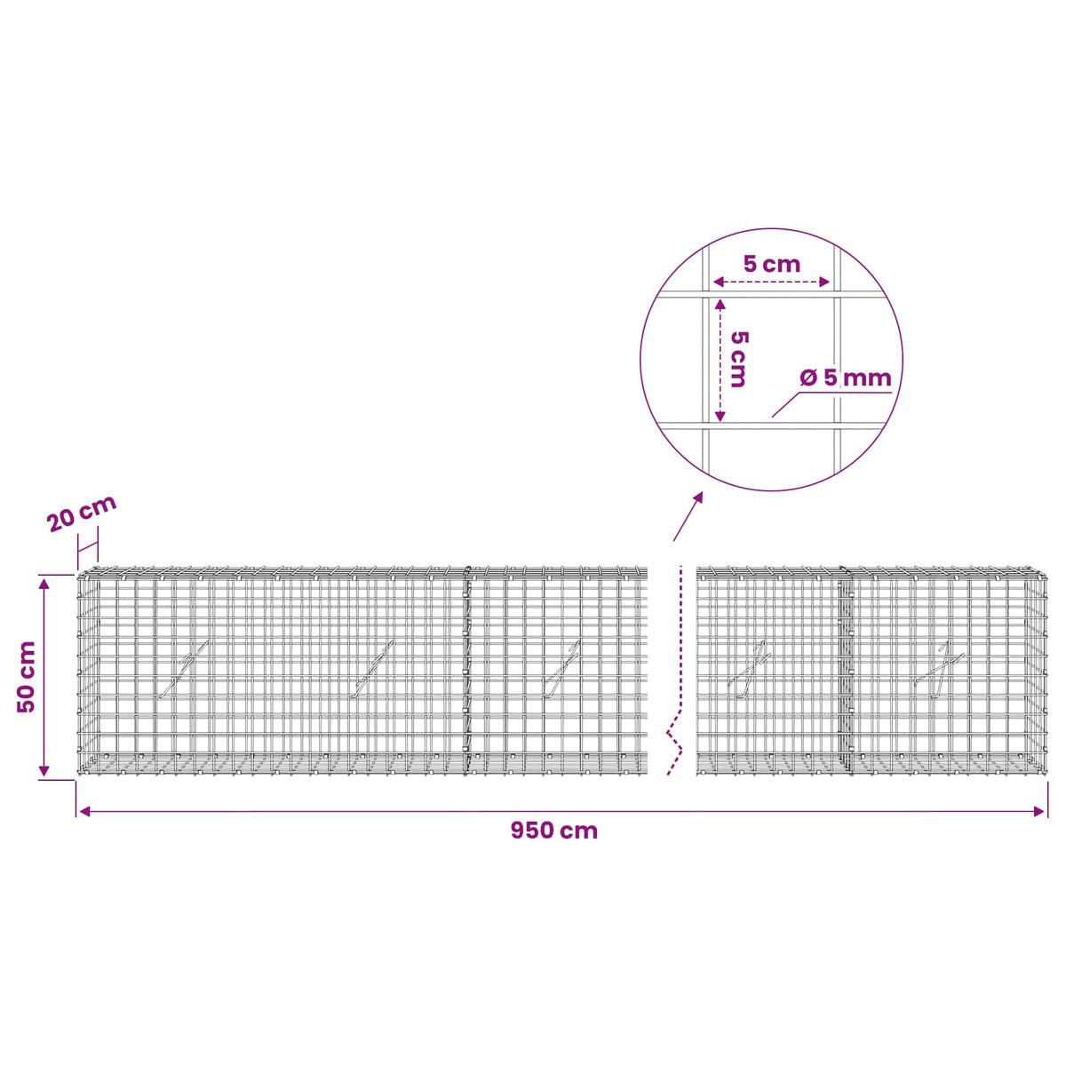 vidaXL Gabion with 5 mm Wire and 5x5 cm Mesh 950x20x50 cm 6