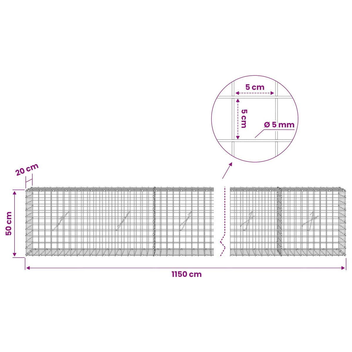 vidaXL Gabion with 5 mm Wire and 5x5 cm Mesh 1150x20x50 cm 6