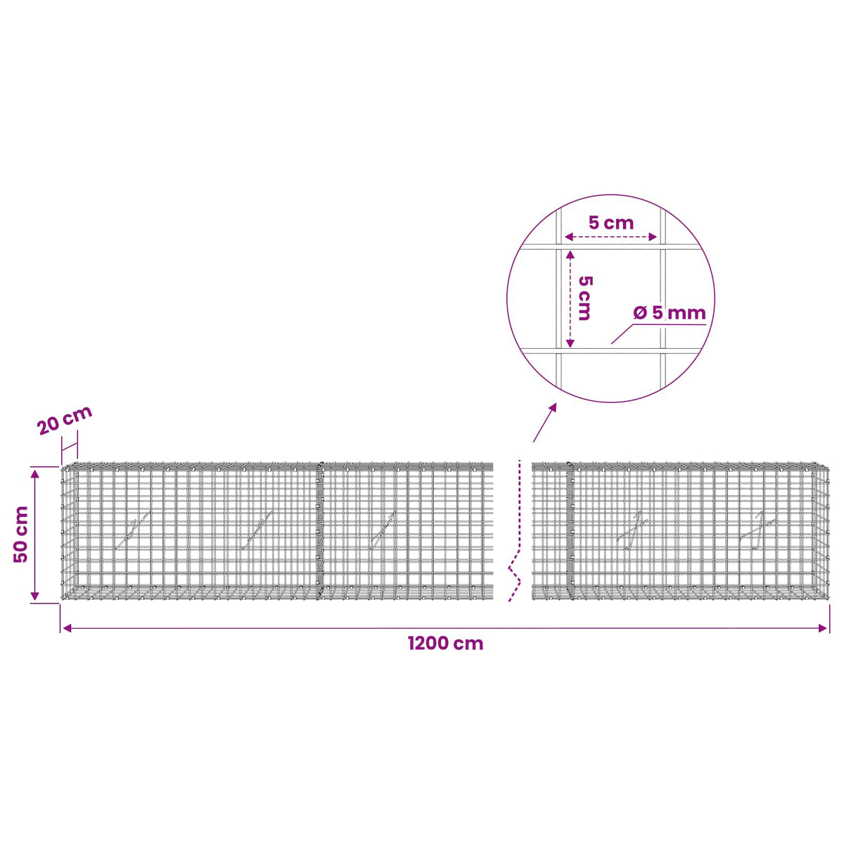 vidaXL Gabion with 5 mm Wire and 5x5 cm Mesh 1200x20x50 cm 6