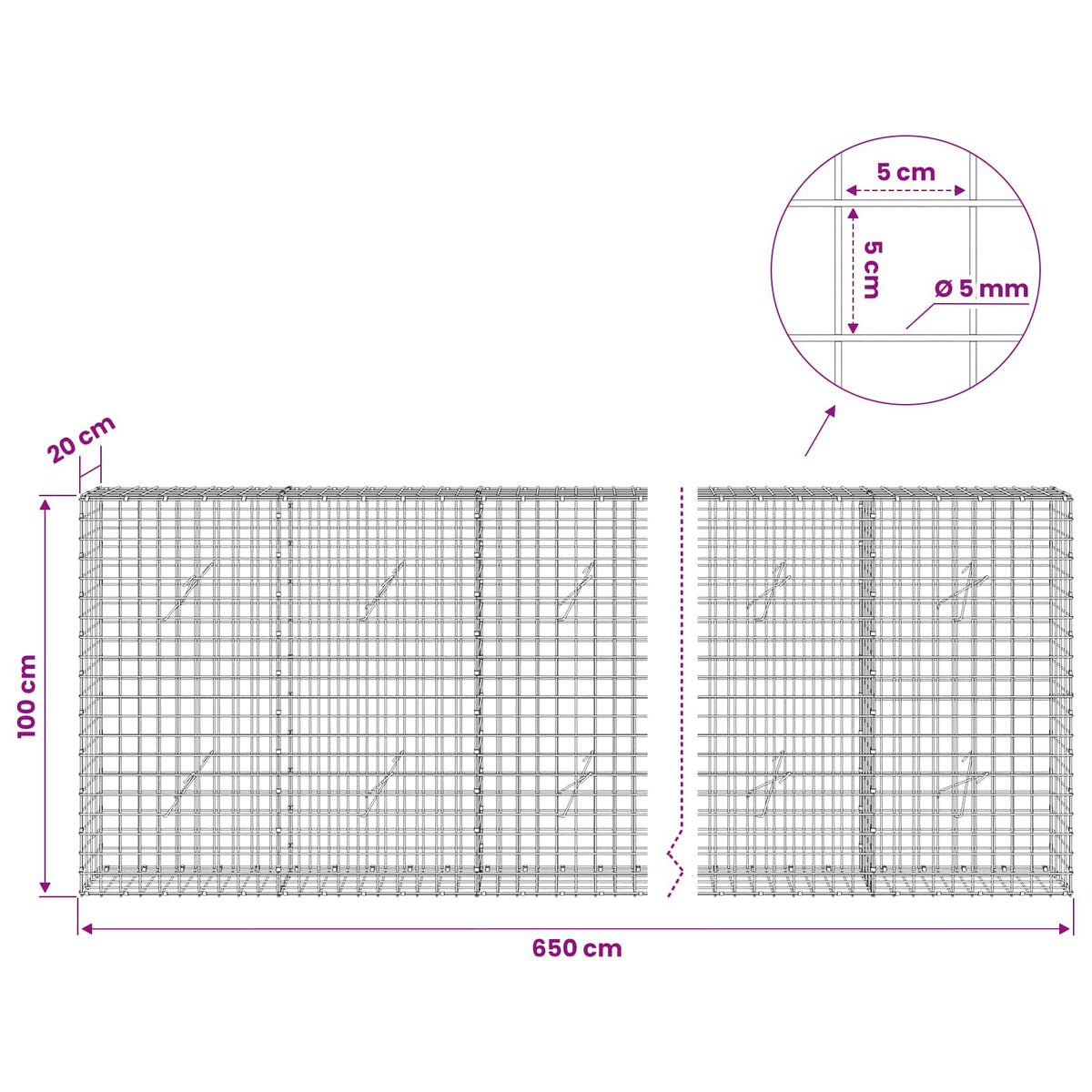 vidaXL Gabion with 5 mm Wire and 5x5 cm Mesh 650x20x100 cm 6