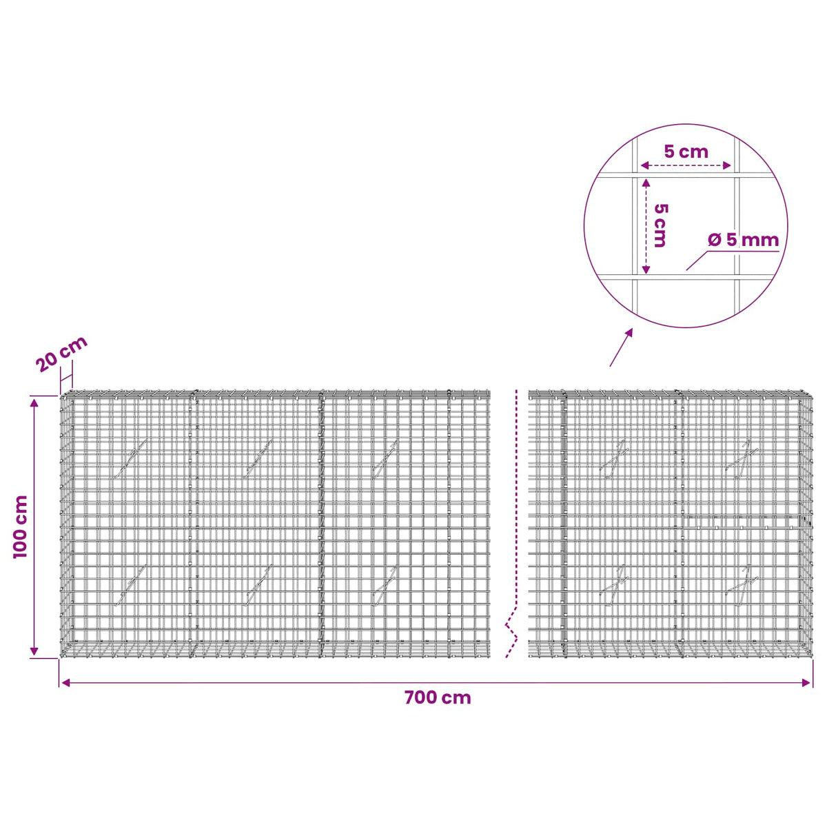 vidaXL Gabion with 5 mm Wire and 5x5 cm Mesh 700x20x100 cm 6