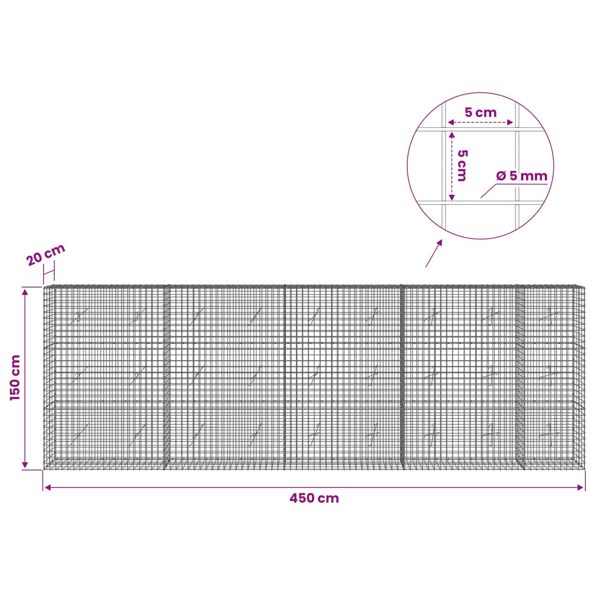 vidaXL Gabion with 5 mm Wire and 5x5 cm Mesh 450x20x150 cm 6
