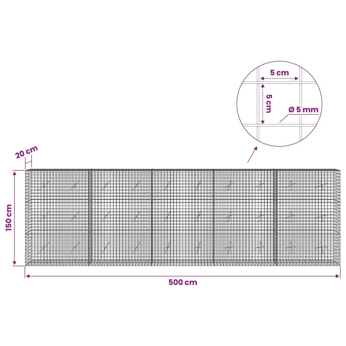 vidaXL Gabion with 5 mm Wire and 5x5 cm Mesh 500x20x150 cm 6