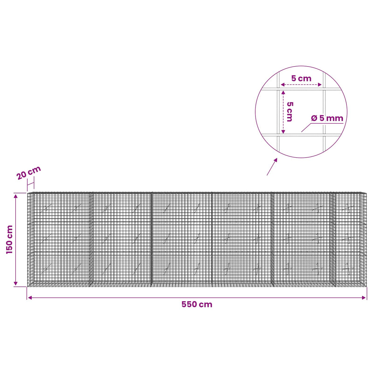 vidaXL Gabion with 5 mm Wire and 5x5 cm Mesh 550x20x150 cm 6