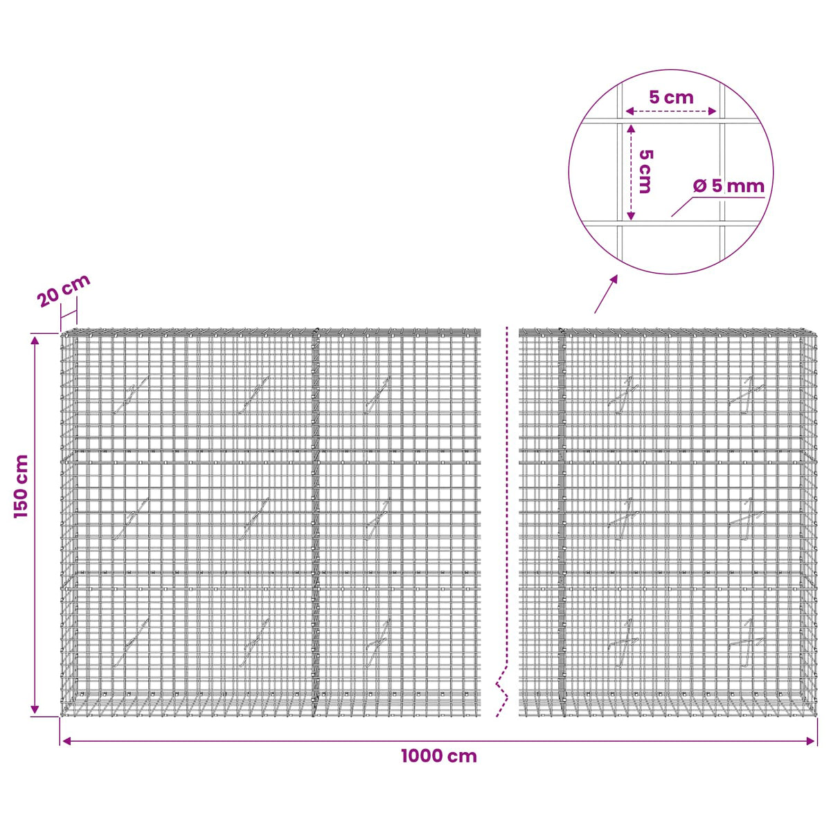 vidaXL Gabion with 5 mm Wire and 5x5 cm Mesh 1000x20x150 cm 6