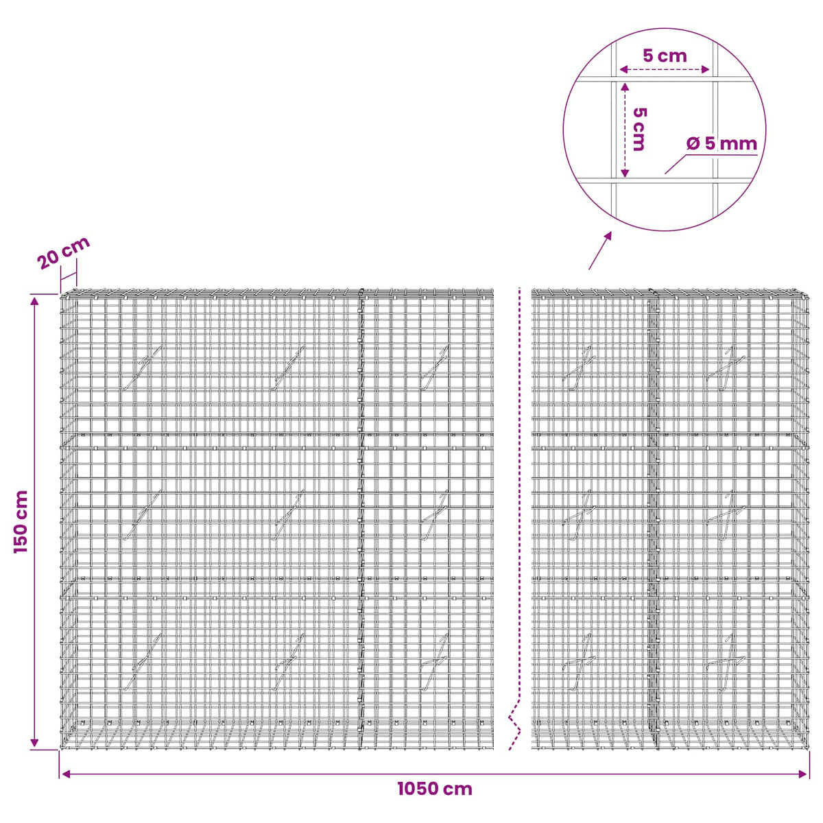 vidaXL Gabion with 5 mm Wire and 5x5 cm Mesh 1050x20x150 cm 6