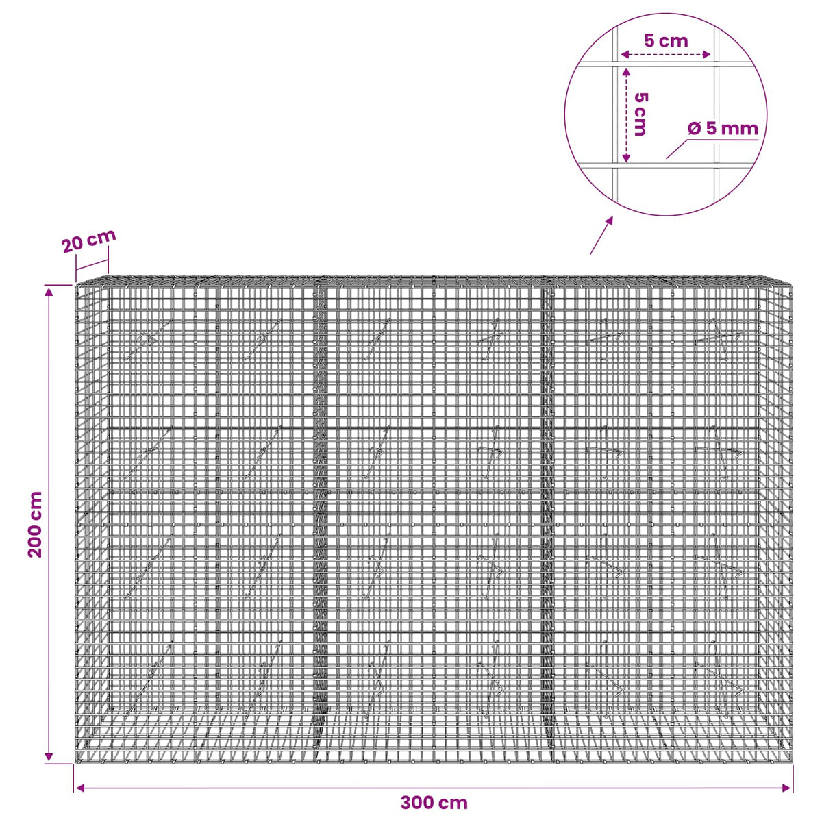 vidaXL Gabion with 5 mm Wire and 5x5 cm Mesh 300x20x200 cm 6
