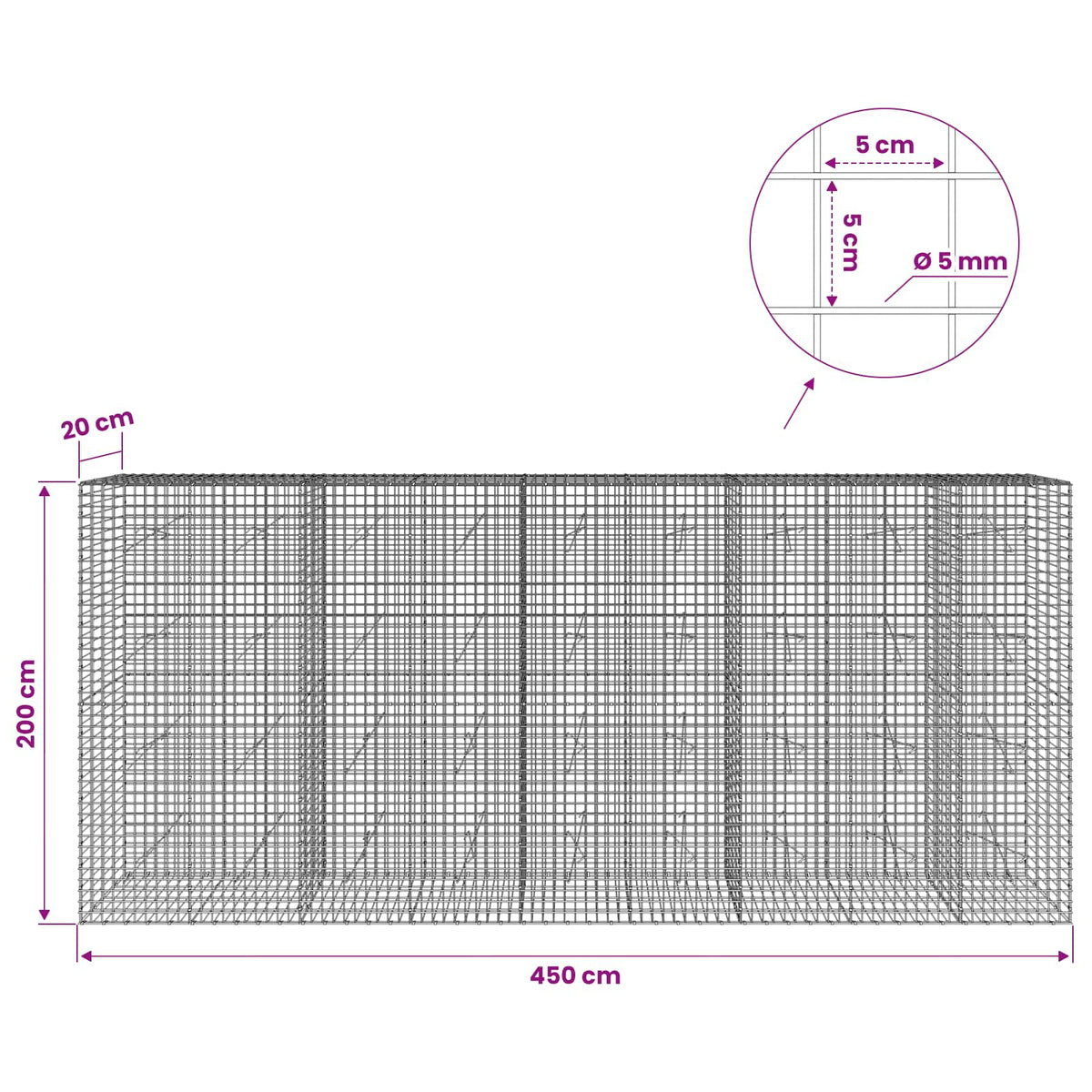 vidaXL Gabion with 5 mm Wire and 5x5 cm Mesh 450x20x200 cm 6