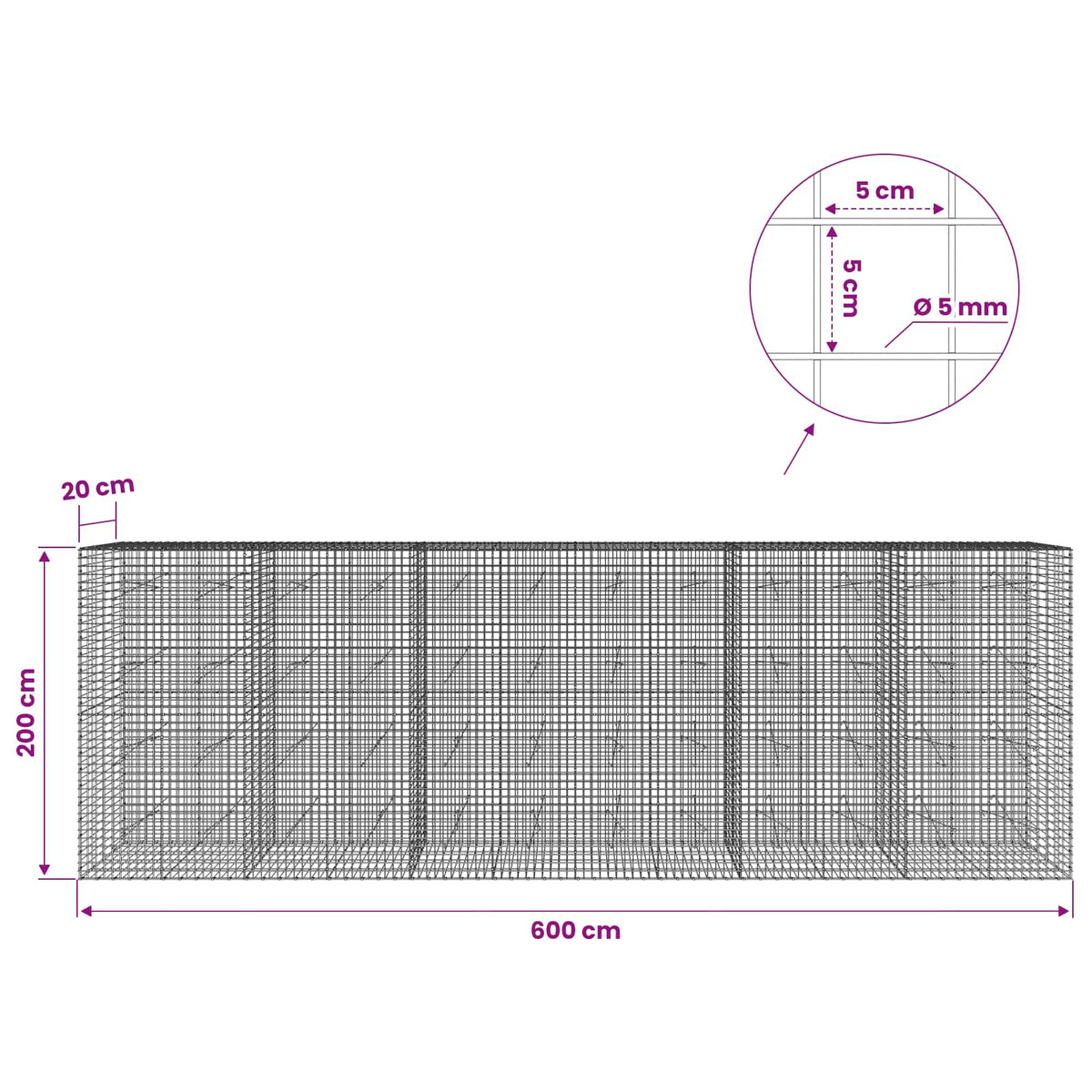 vidaXL Gabion with 5 mm Wire and 5x5 cm Mesh 600x20x200 cm 6