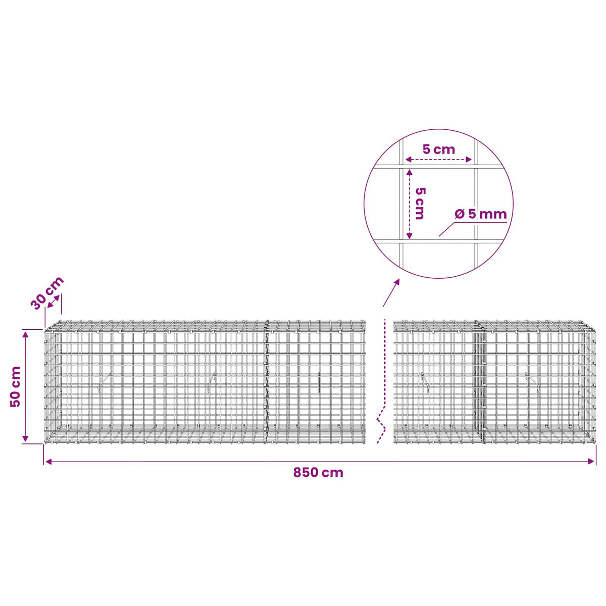 vidaXL Gabion with 5 mm Wire and 5x5 cm Mesh 850x30x50 cm 6