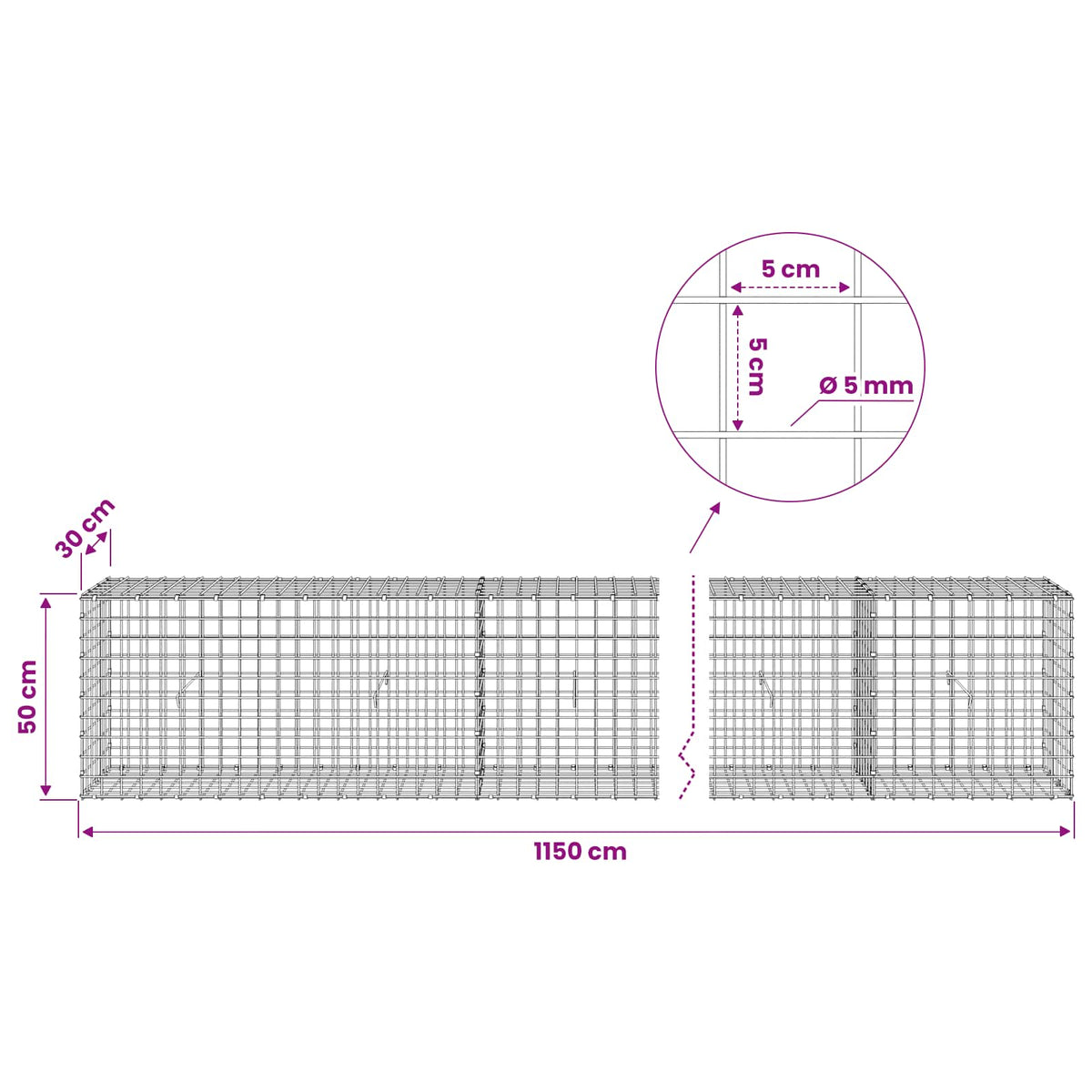 vidaXL Gabion with 5 mm Wire and 5x5 cm Mesh 1150x30x50 cm 6