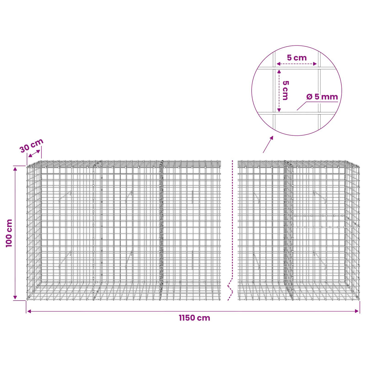 vidaXL Gabion with 5 mm Wire and 5x5 cm Mesh 1150x30x100 cm 6