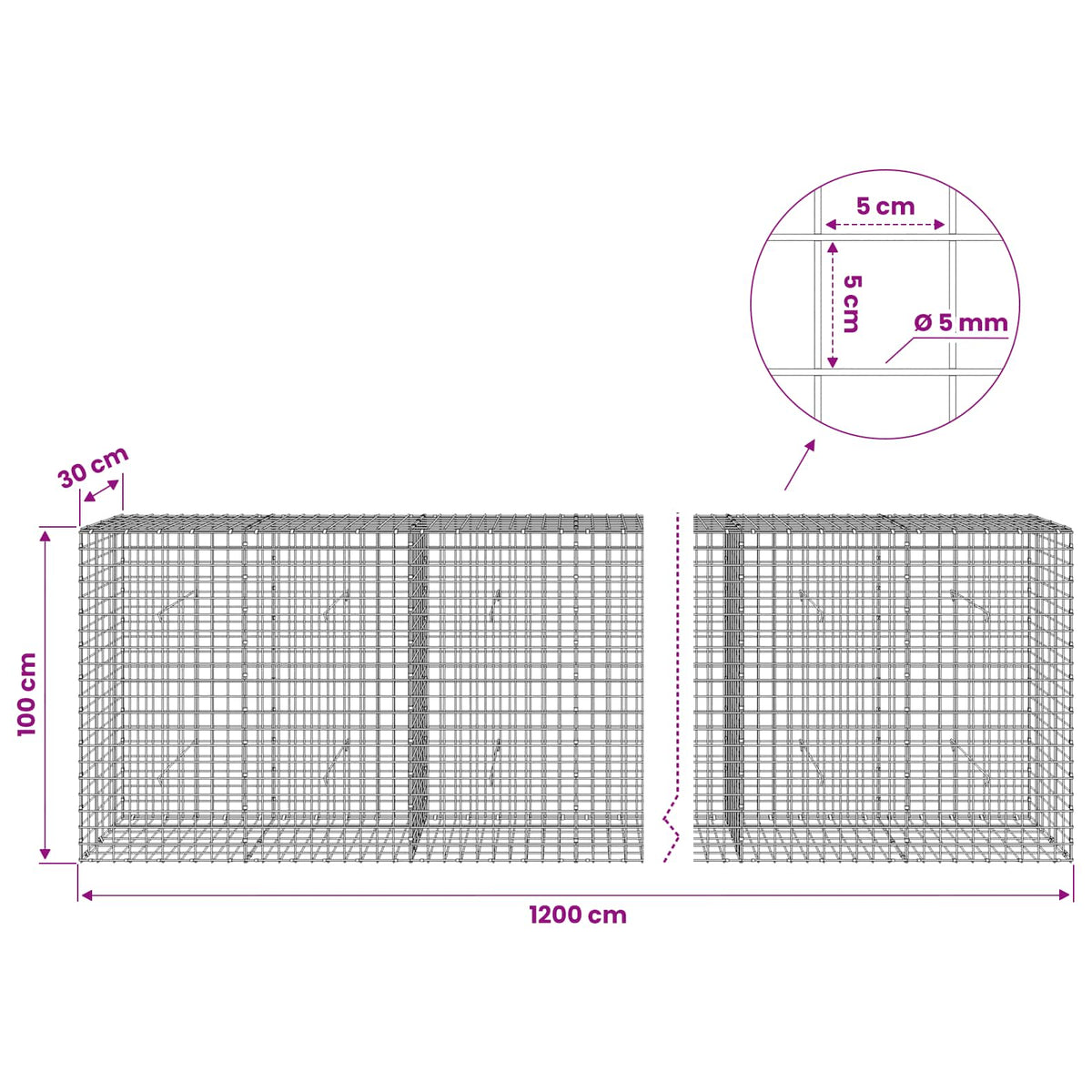 vidaXL Gabion with 5 mm Wire and 5x5 cm Mesh 1200x30x100 cm 6