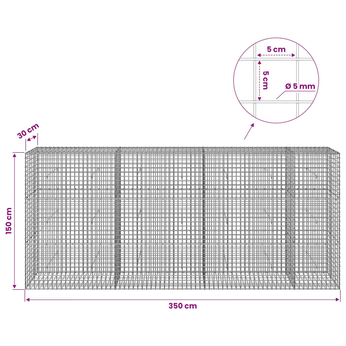 vidaXL Gabion with 5 mm Wire and 5x5 cm Mesh 350x30x150 cm 6