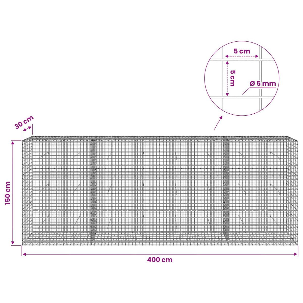 vidaXL Gabion with 5 mm Wire and 5x5 cm Mesh 400x30x150 cm 6