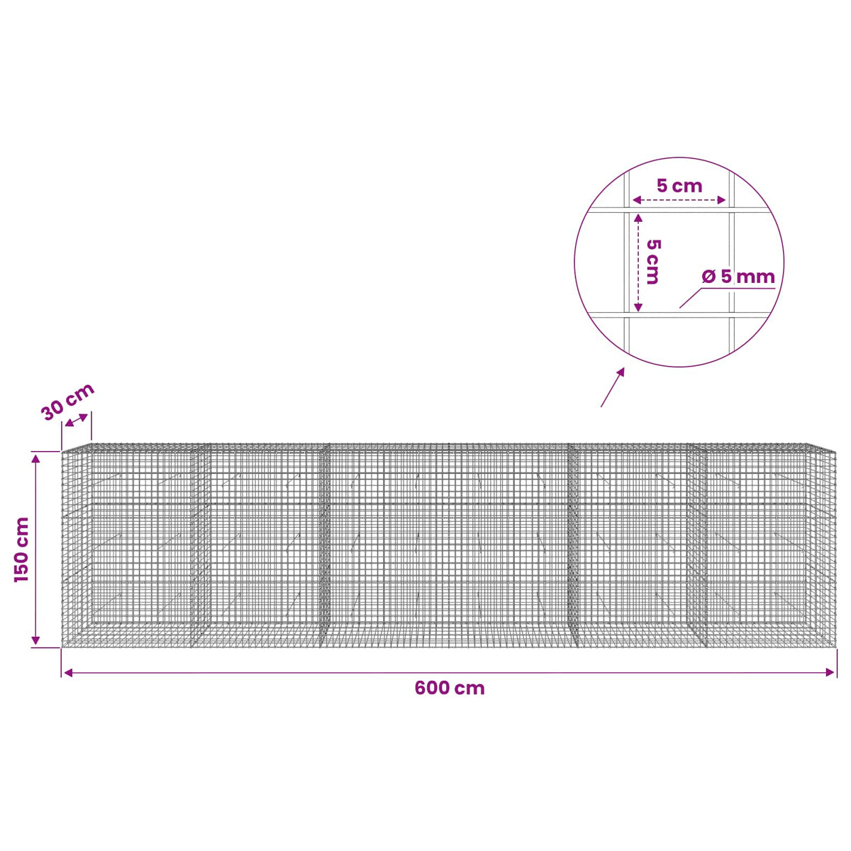 vidaXL Gabion with 5 mm Wire and 5x5 cm Mesh 600x30x150 cm 6
