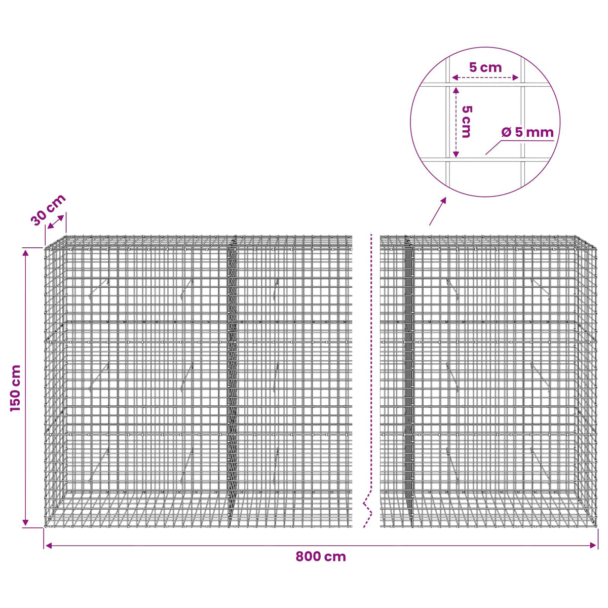 vidaXL Gabion with 5 mm Wire and 5x5 cm Mesh 800x30x150 cm 6