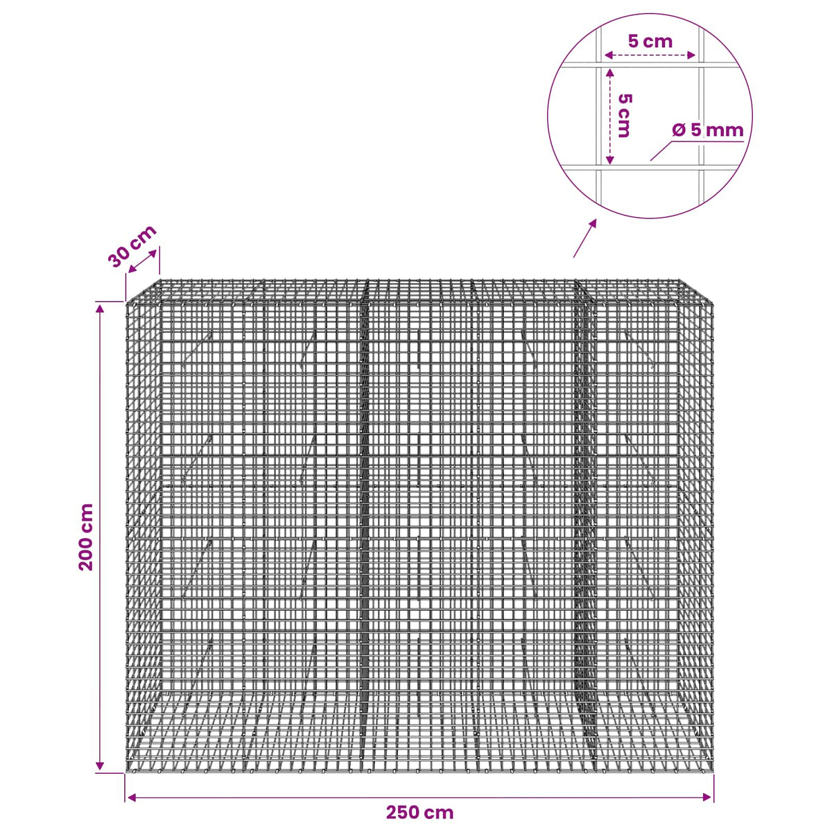 vidaXL Gabion with 5 mm Wire and 5x5 cm Mesh 250x30x200 cm 6