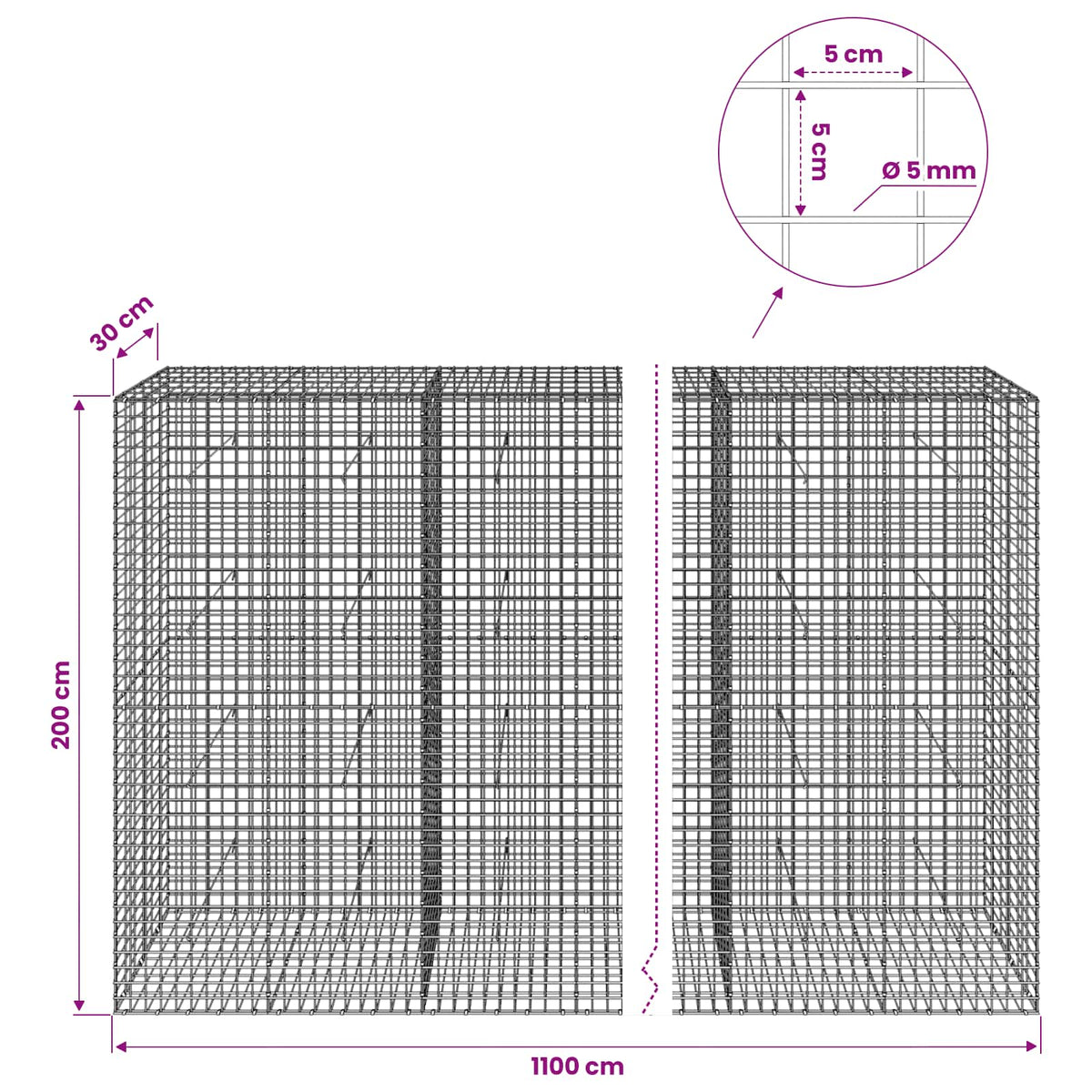 vidaXL Gabion with 5 mm Wire and 5x5 cm Mesh 1100x30x200 cm 6