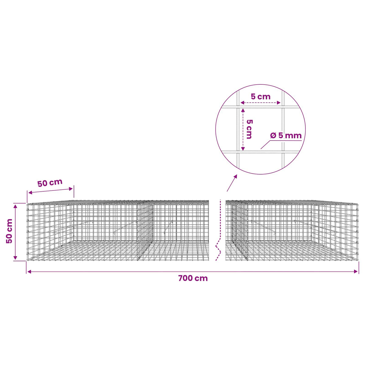 vidaXL Gabion with 5 mm Wire and 5x5 cm Mesh 700x50x50 cm 6