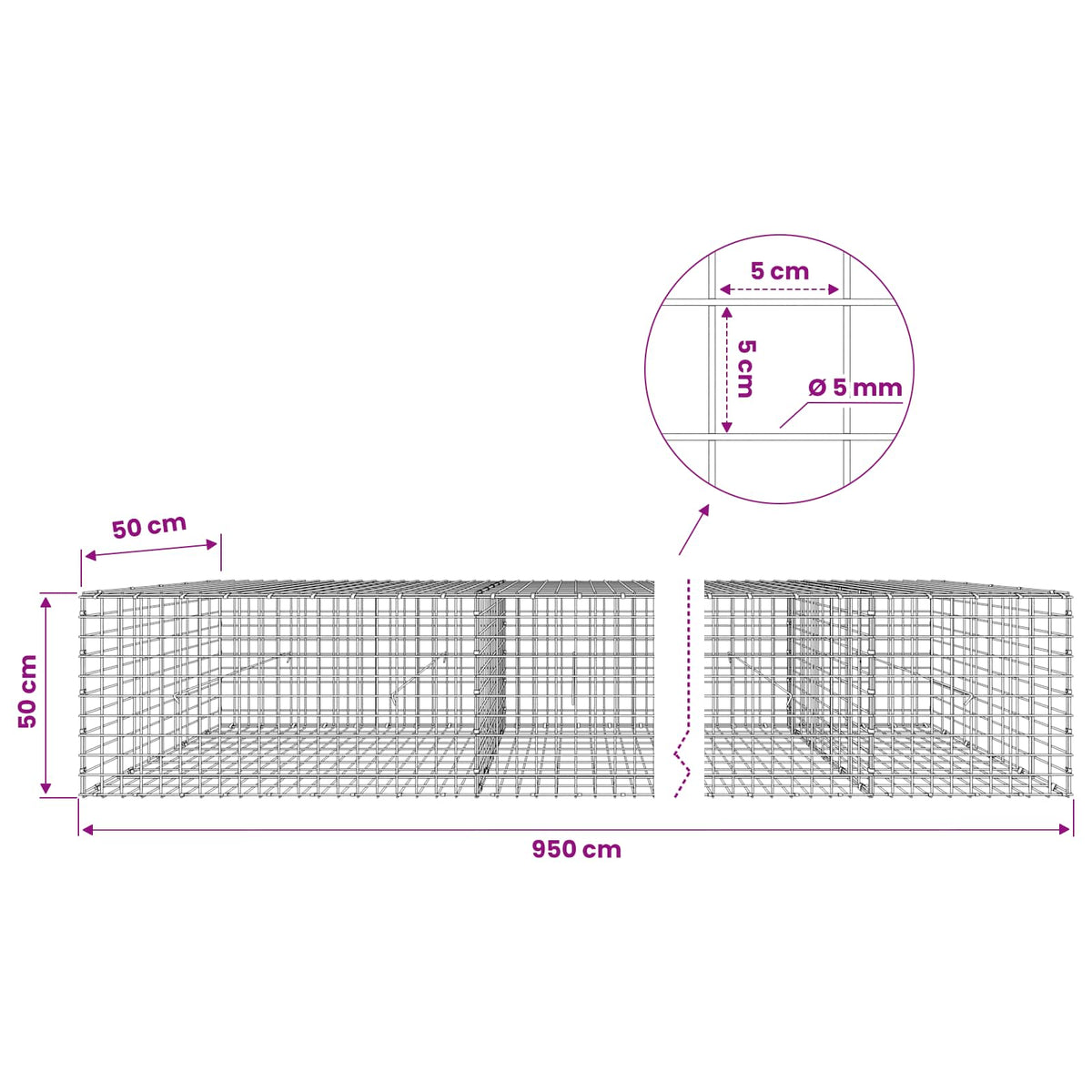 vidaXL Gabion with 5 mm Wire and 5x5 cm Mesh 950x50x50 cm 6