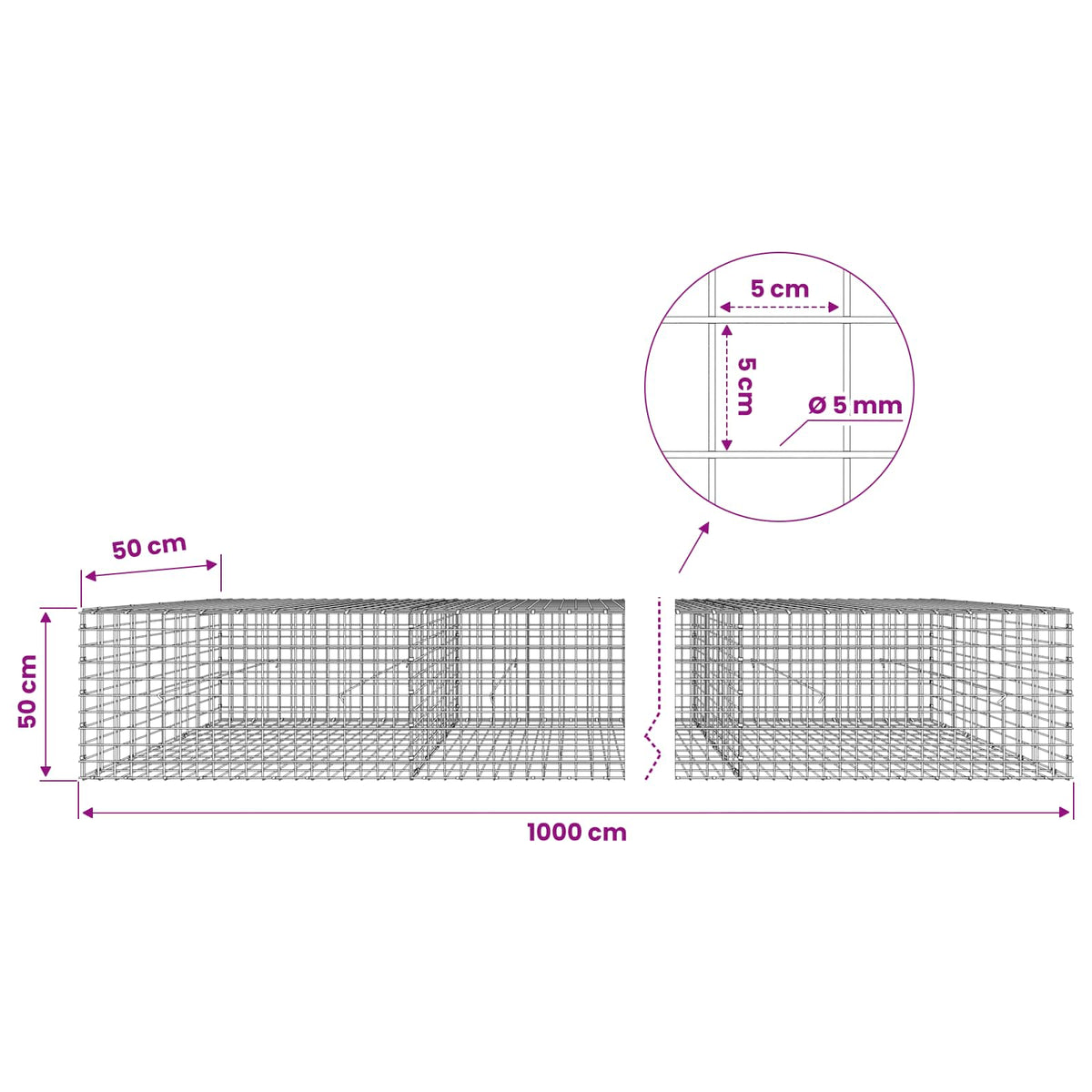 vidaXL Gabion with 5 mm Wire and 5x5 cm Mesh 1000x50x50 cm 6