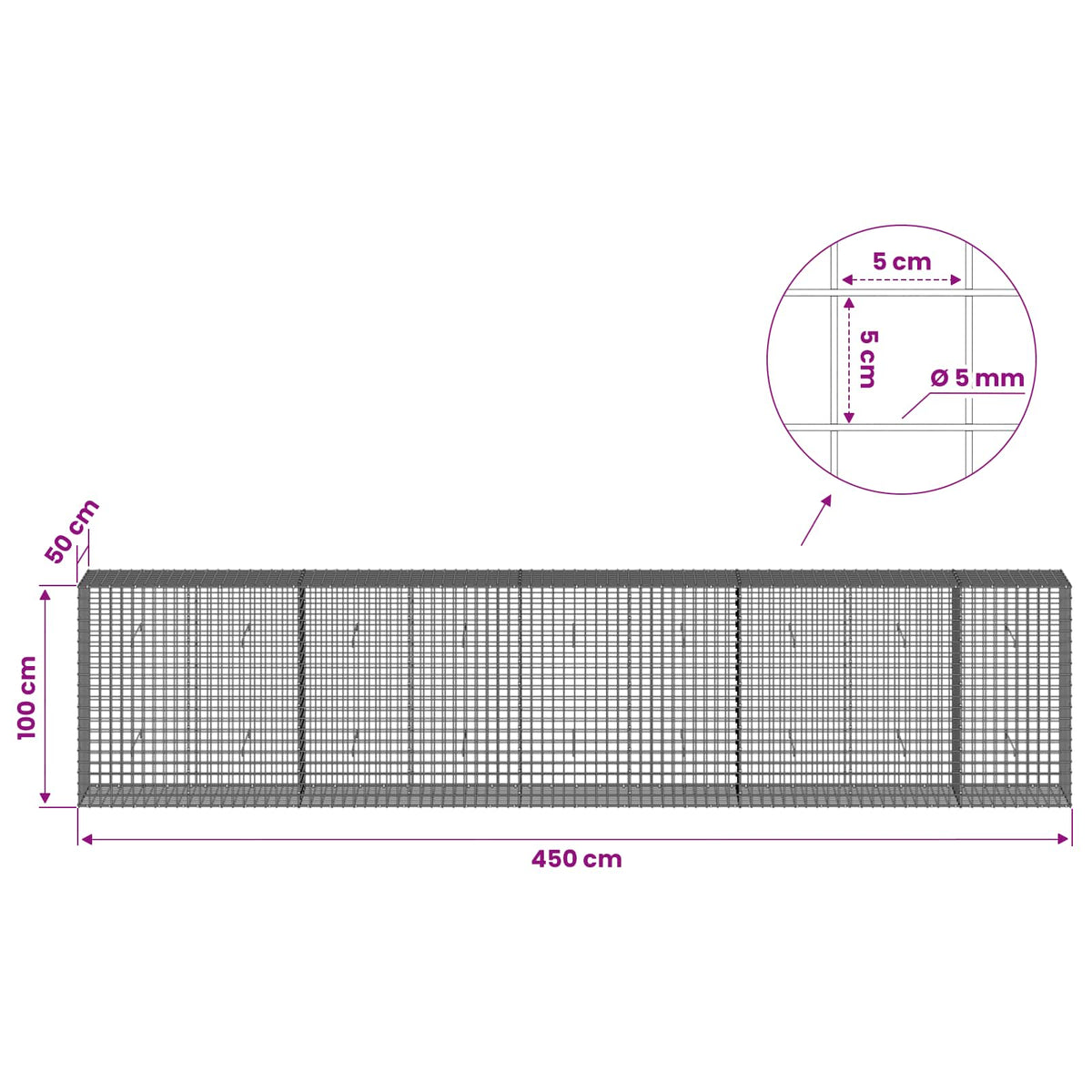 vidaXL Gabion with 5 mm Wire and 5x5 cm Mesh 450x50x100 cm 6