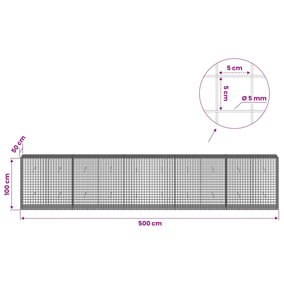 vidaXL Gabion with 5 mm Wire and 5x5 cm Mesh 500x50x100 cm 6