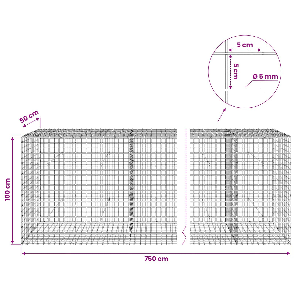 vidaXL Gabion with 5 mm Wire and 5x5 cm Mesh 750x50x100 cm 6