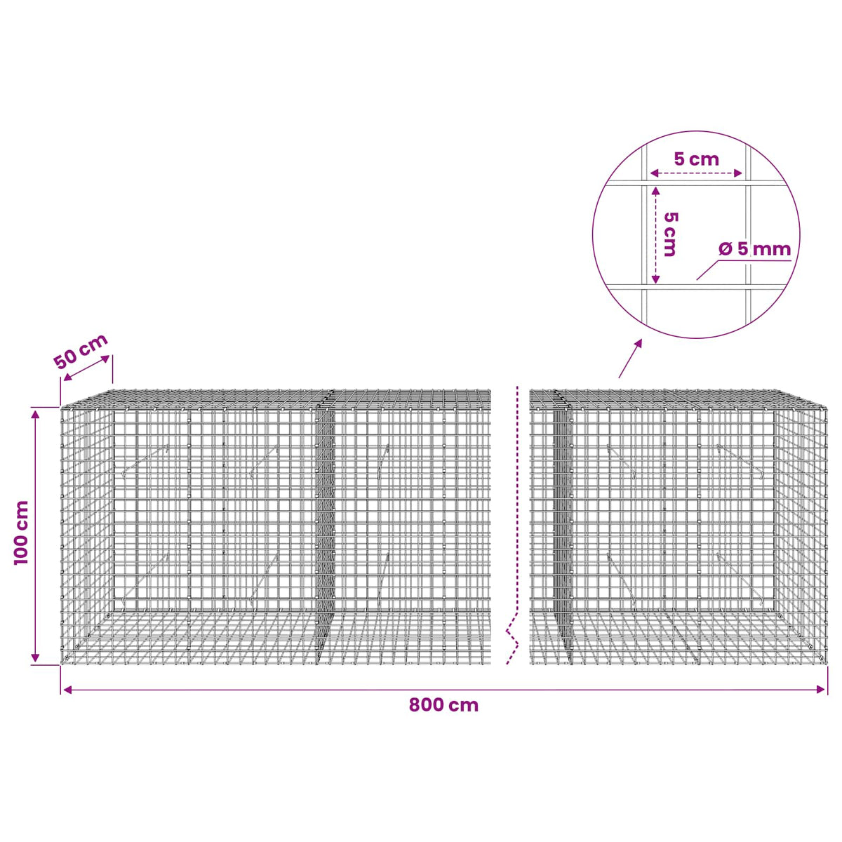vidaXL Gabion with 5 mm Wire and 5x5 cm Mesh 800x50x100 cm 6