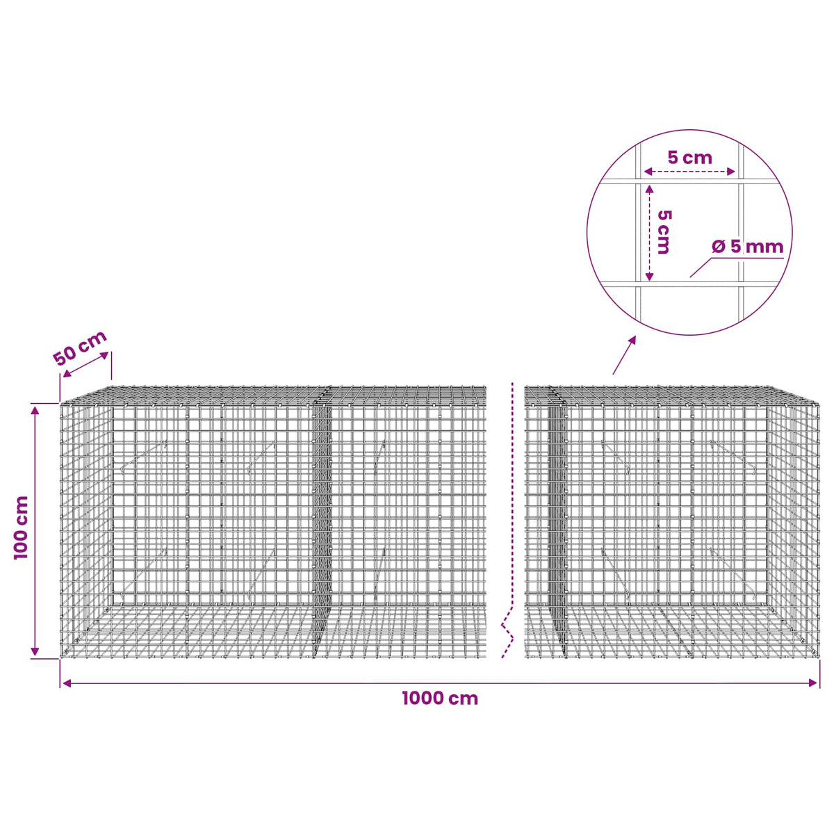 vidaXL Gabion with 5 mm Wire and 5x5 cm Mesh 1000x50x100 cm 6