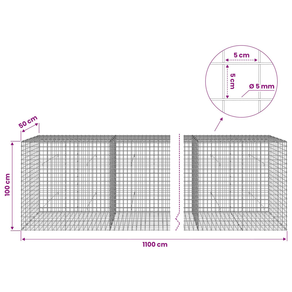 vidaXL Gabion with 5 mm Wire and 5x5 cm Mesh 1100x50x100 cm 6