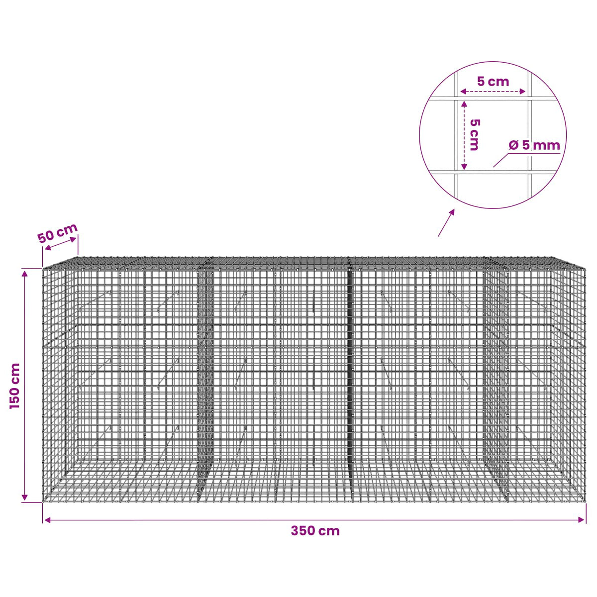 vidaXL Gabion with 5 mm Wire and 5x5 cm Mesh 350x50x150 cm 6
