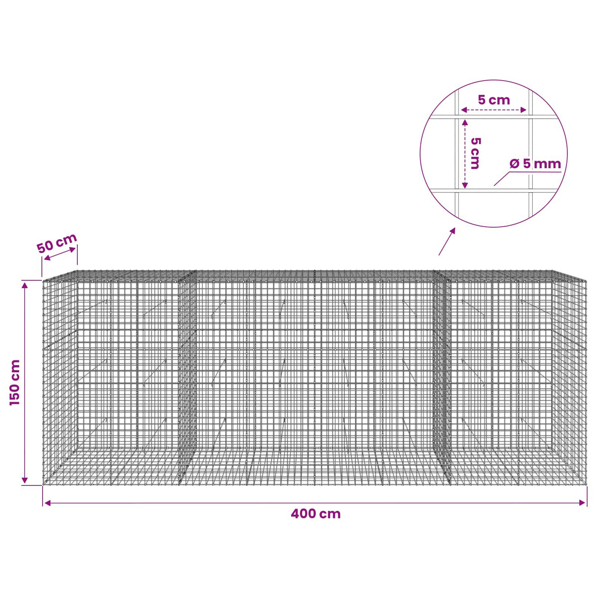 vidaXL Gabion with 5 mm Wire and 5x5 cm Mesh 400x50x150 cm 6