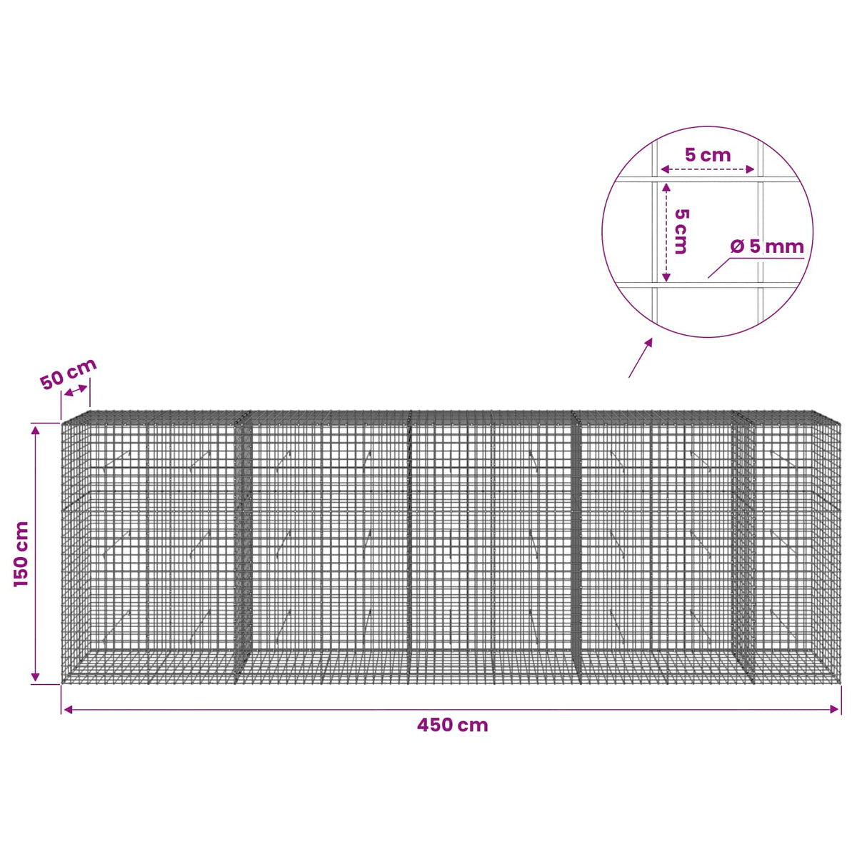 vidaXL Gabion with 5 mm Wire and 5x5 cm Mesh 450x50x150 cm 6