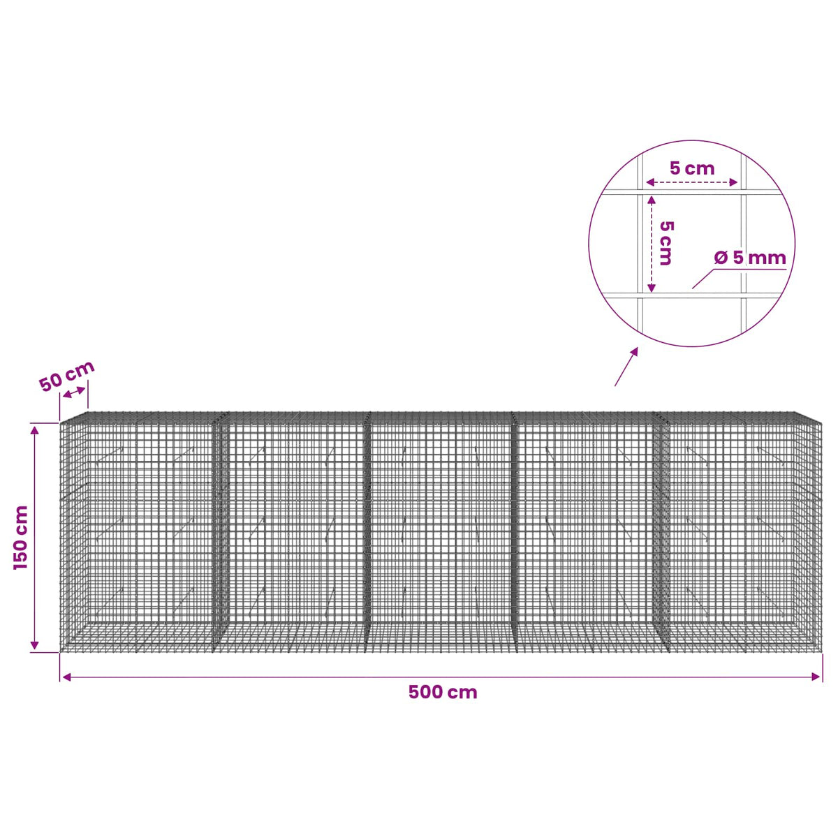 vidaXL Gabion with 5 mm Wire and 5x5 cm Mesh 500x50x150 cm 6