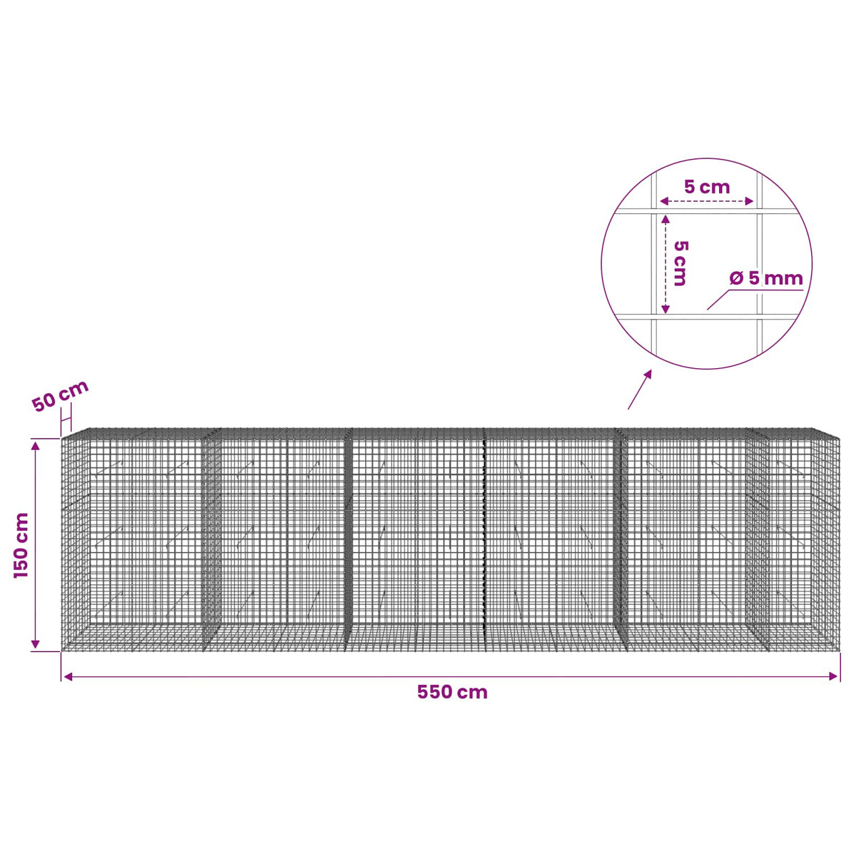 vidaXL Gabion with 5 mm Wire and 5x5 cm Mesh 550x50x150 cm 6