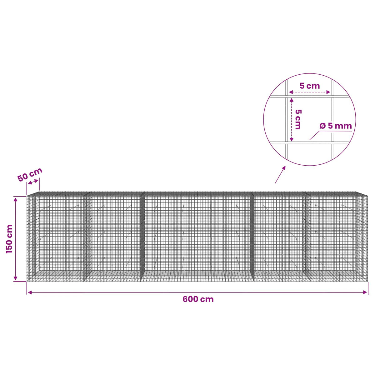 vidaXL Gabion with 5 mm Wire and 5x5 cm Mesh 600x50x150 cm 6